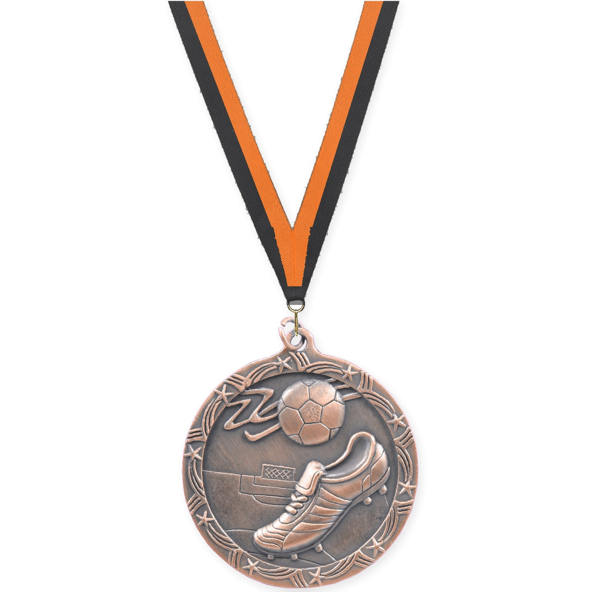 2 1/2 inch soccer Shooting Star medal in antique bronze with Black Orange neck ribbon