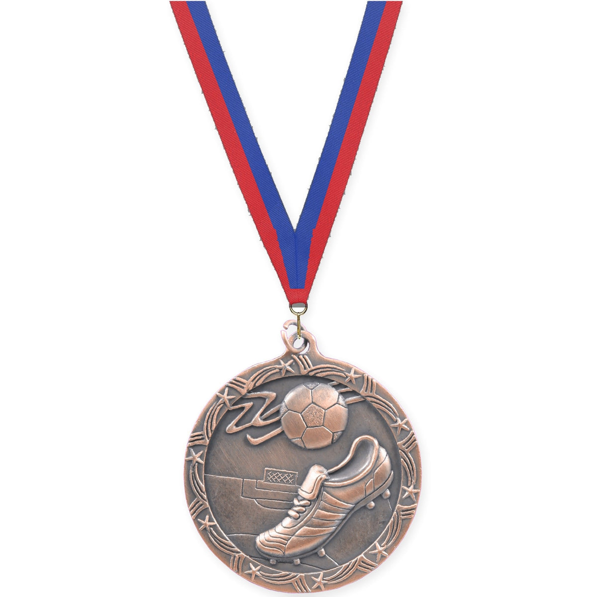 2 1/2 inch soccer Shooting Star medal in antique bronze with Blue Red neck ribbon