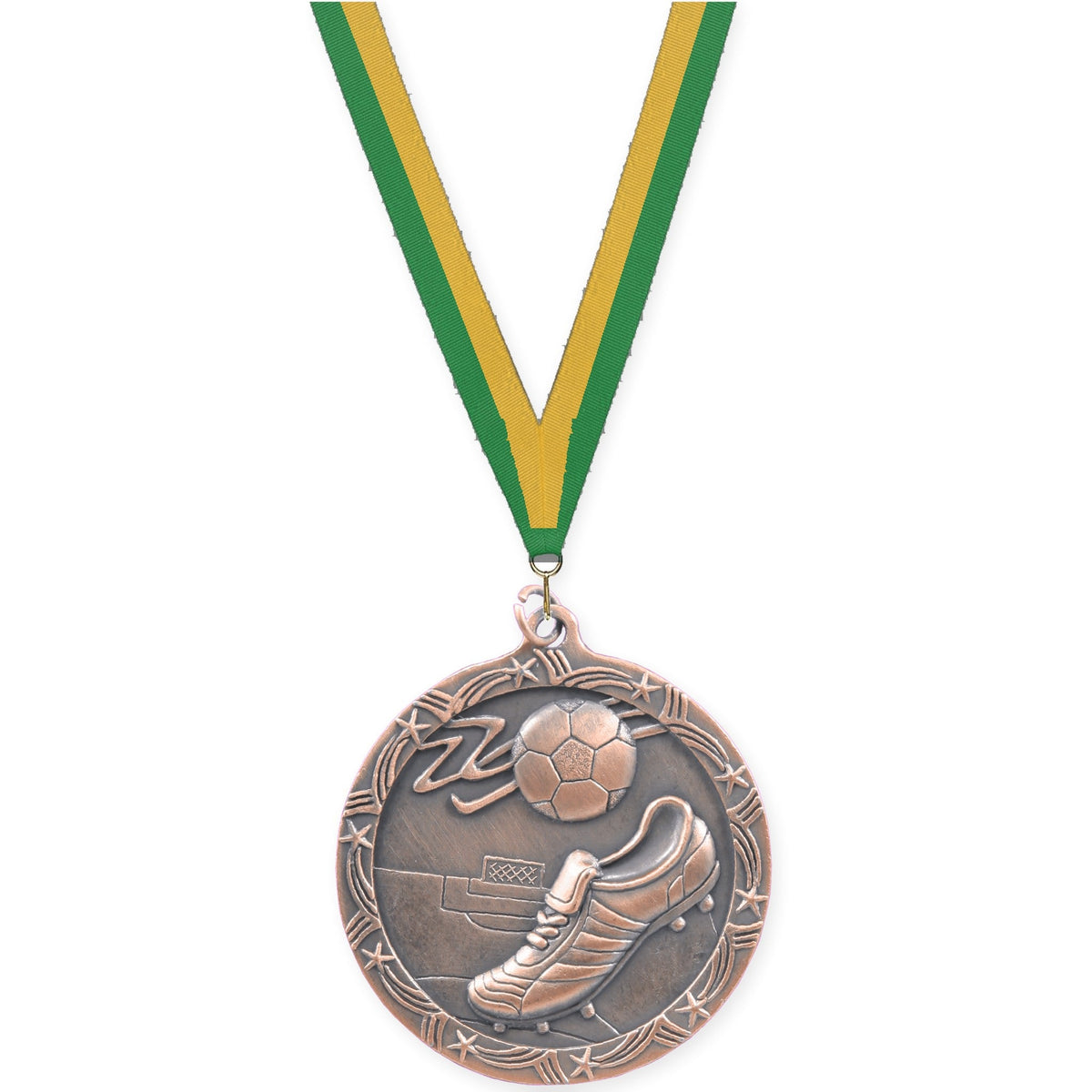 2 1/2 inch soccer Shooting Star medal in antique bronze with Green Gold neck ribbon