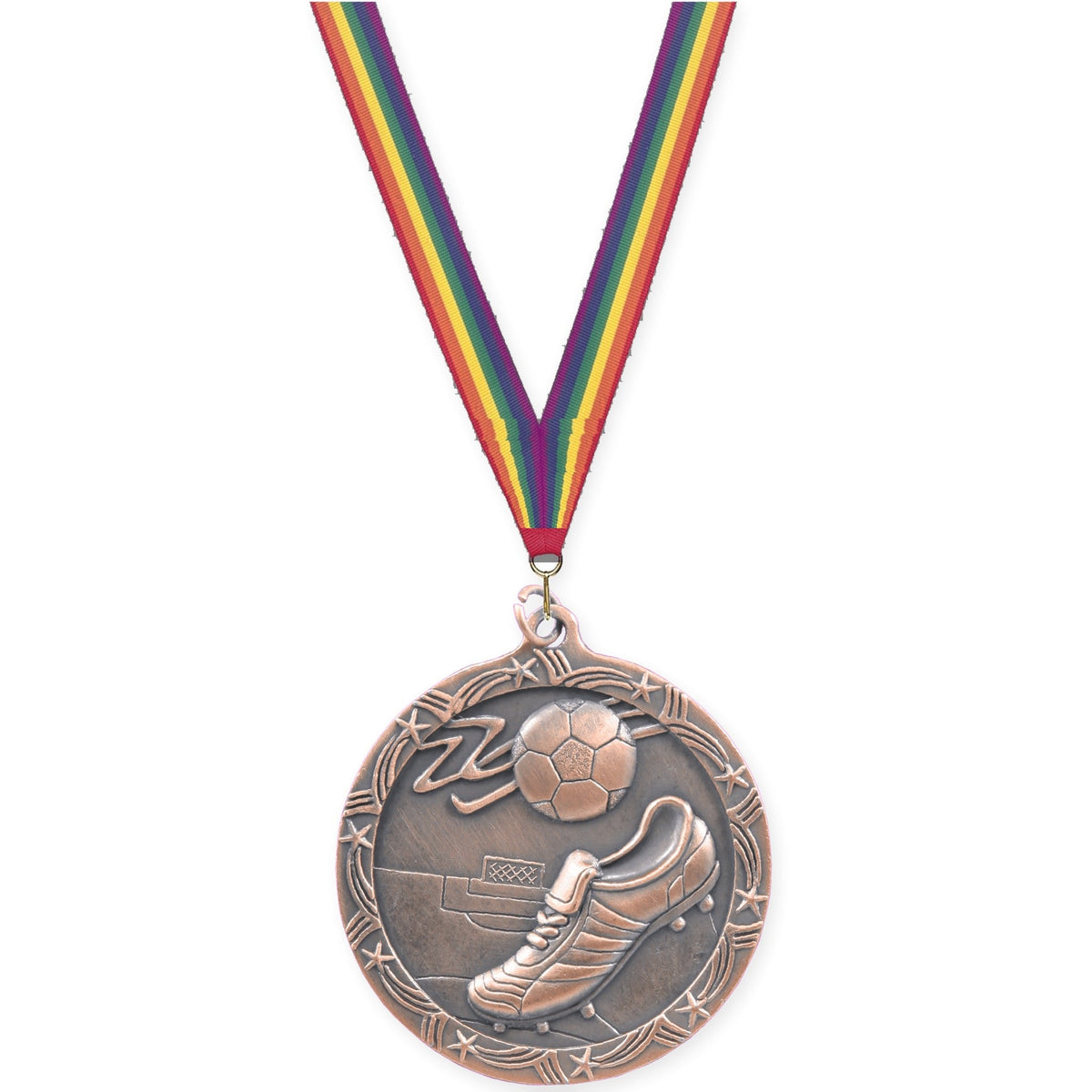 2 1/2 inch soccer Shooting Star medal in antique bronze with Rainbow neck ribbon