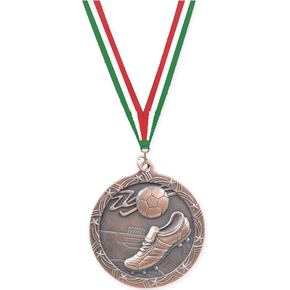 2 1/2 inch soccer Shooting Star medal in antique bronze with Green White Red neck ribbon
