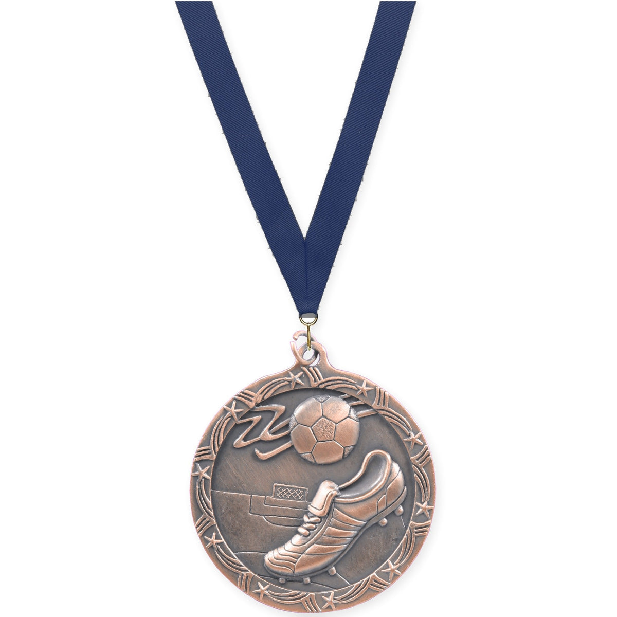 2 1/2 inch soccer Shooting Star medal in antique bronze with Navy neck ribbon