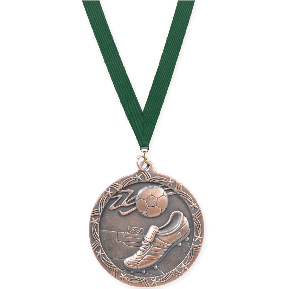 2 1/2 inch soccer Shooting Star medal in antique bronze with Hunter Green neck ribbon