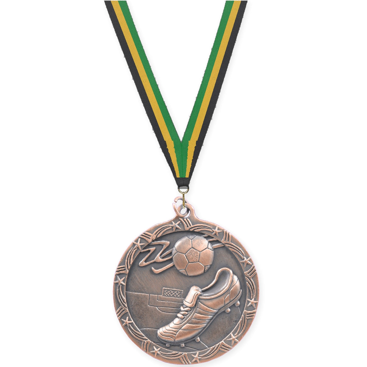 2 1/2 inch soccer Shooting Star medal in antique bronze with Black Gold Green neck ribbon