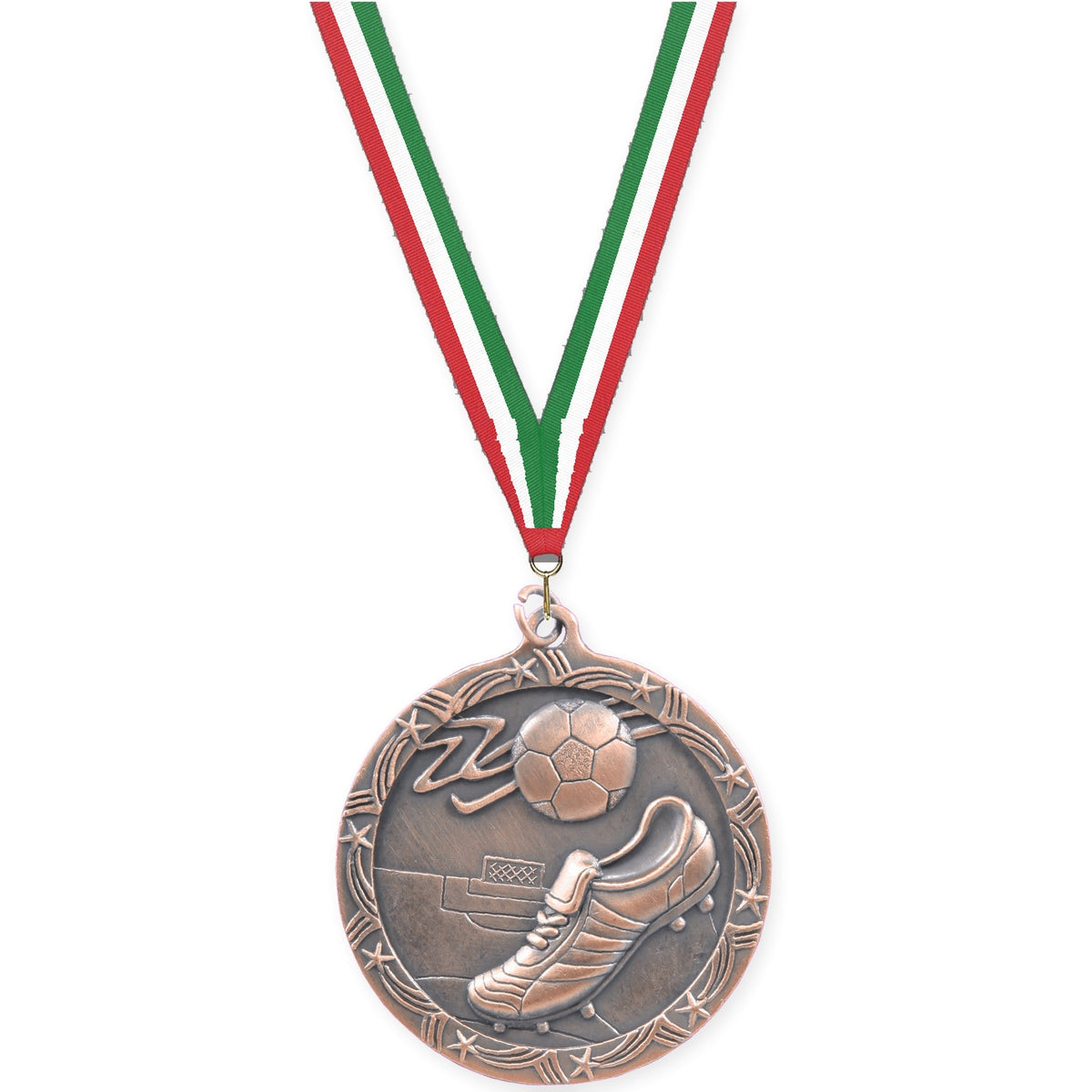 2 1/2 inch soccer Shooting Star medal in antique bronze with Red White Green neck ribbon