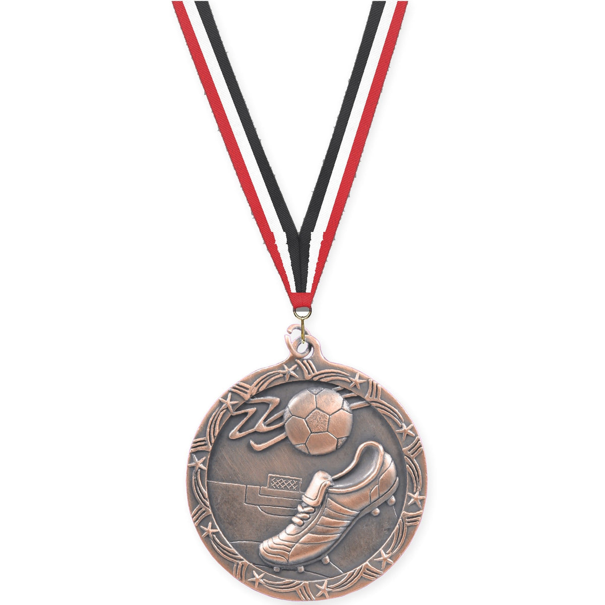 2 1/2 inch soccer Shooting Star medal in antique bronze with Red White Black neck ribbon