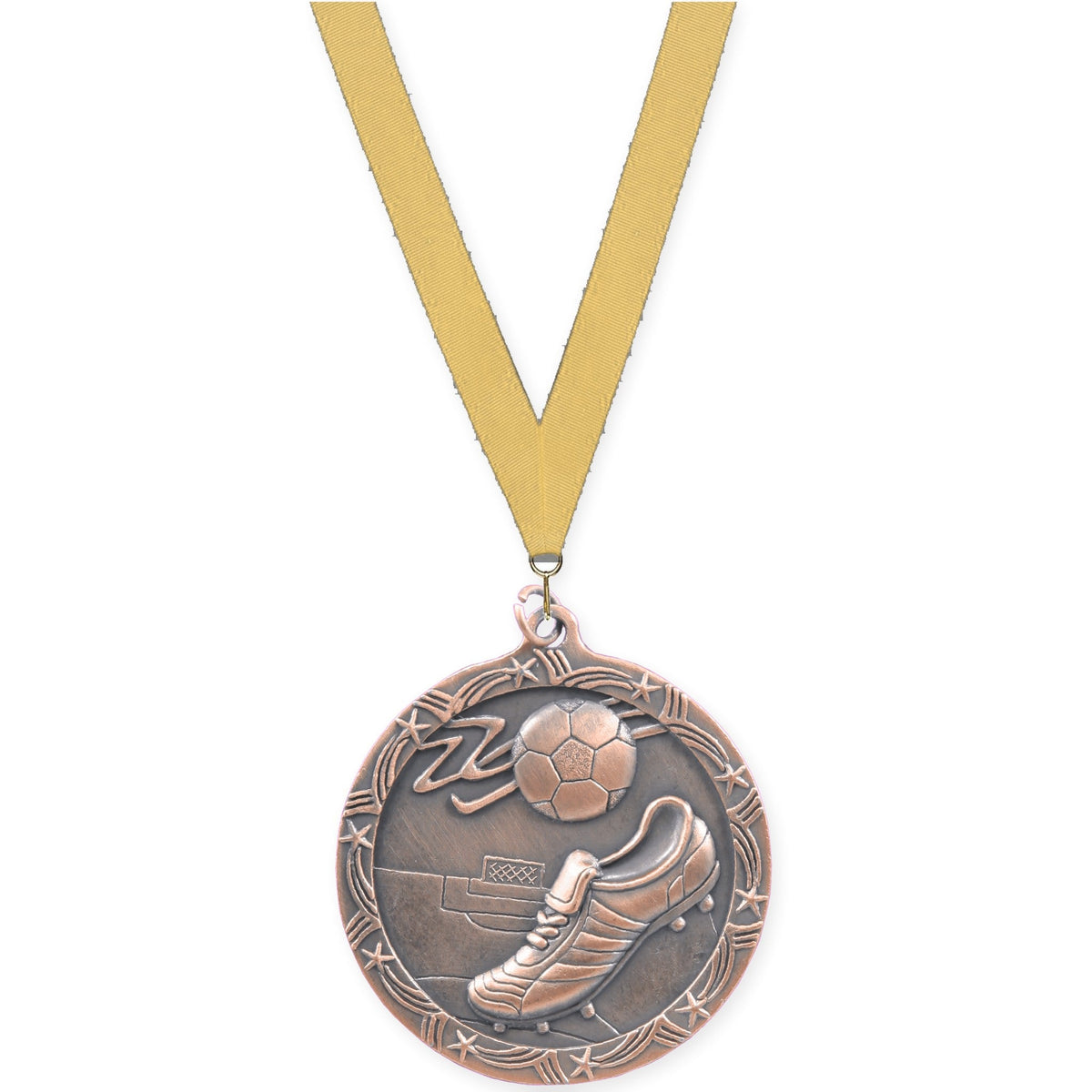 2 1/2 inch soccer Shooting Star medal in antique bronze with Gold Metallic neck ribbon