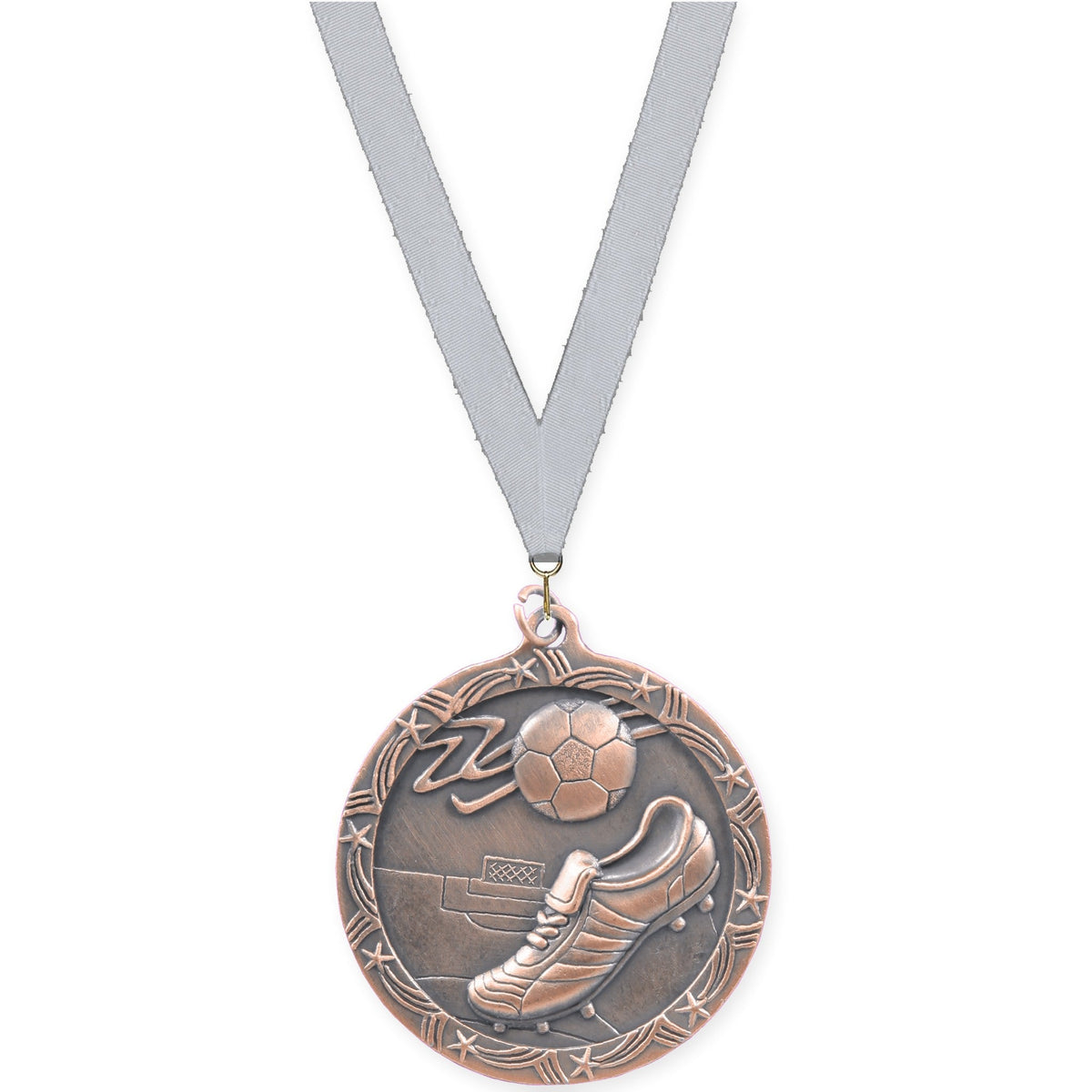 2 1/2 inch soccer Shooting Star medal in antique bronze with Silver Metallic neck ribbon