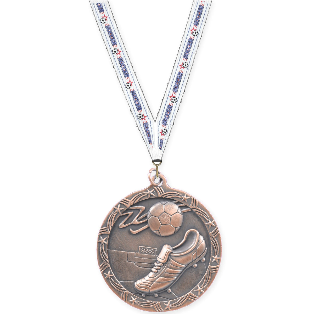 2 1/2 inch soccer Shooting Star medal in antique bronze with Soccer neck ribbon