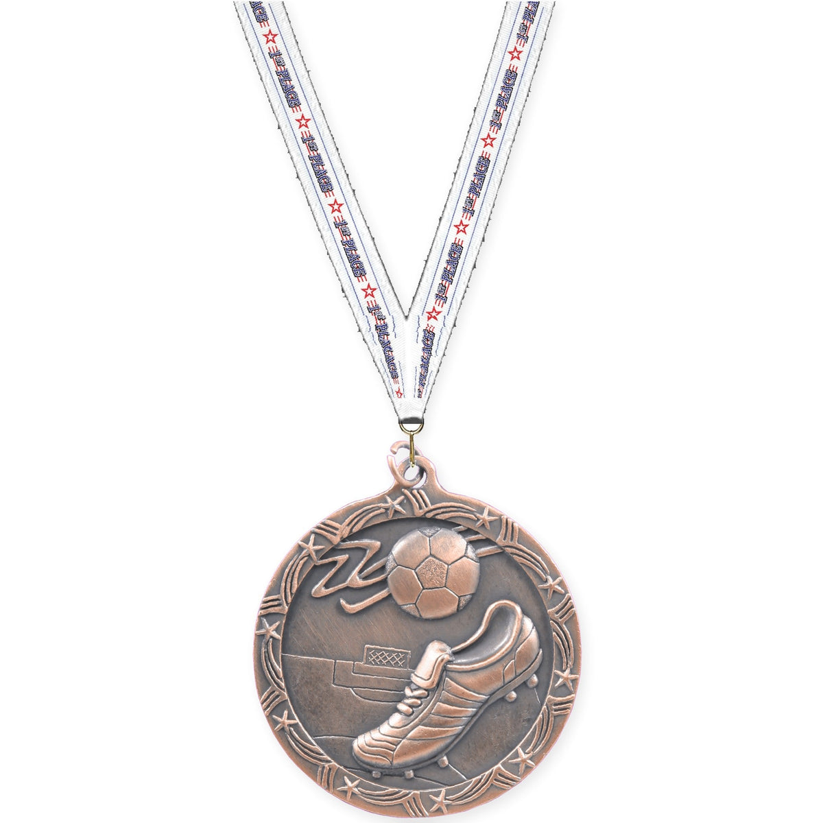 2 1/2 inch soccer Shooting Star medal in antique bronze with 1st Place neck ribbon