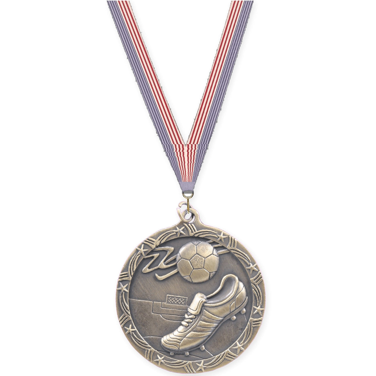 2 1/2 inch soccer Shooting Star medal in antique gold with USA Flag neck ribbon