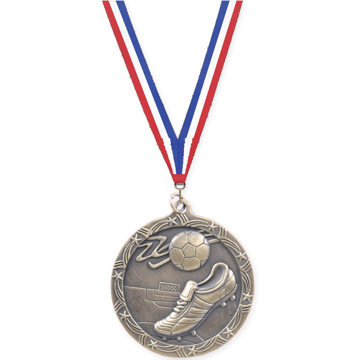 2 1/2 inch soccer Shooting Star medal in antique gold with Red White Blue neck ribbon