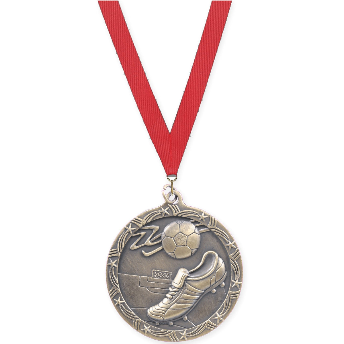 2 1/2 inch soccer Shooting Star medal in antique gold with Red neck ribbon