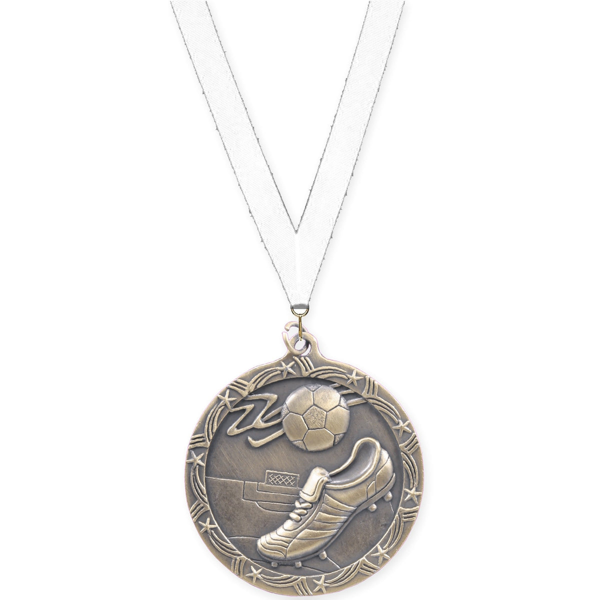 2 1/2 inch soccer Shooting Star medal in antique gold with White neck ribbon