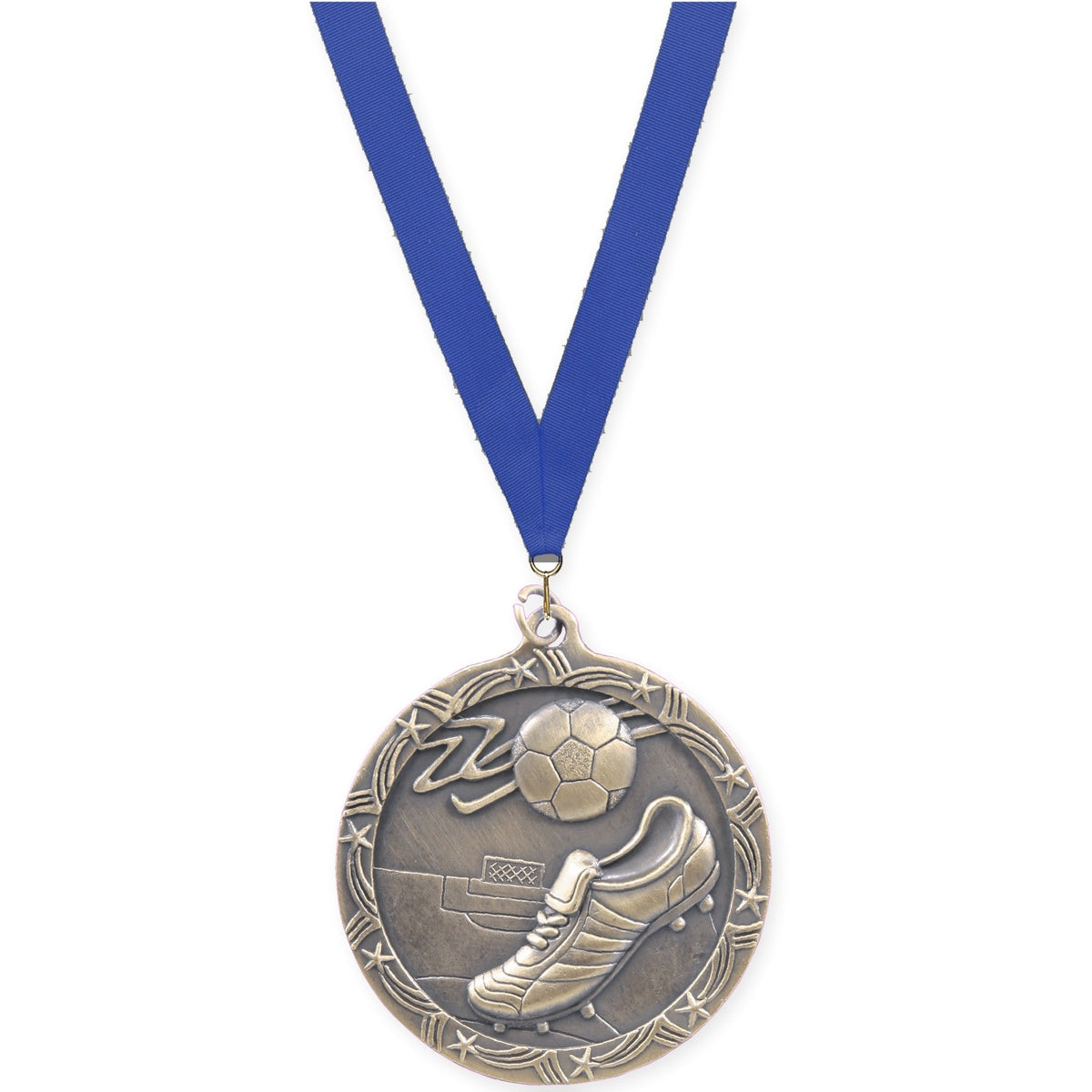 2 1/2 inch soccer Shooting Star medal in antique gold with Blue neck ribbon