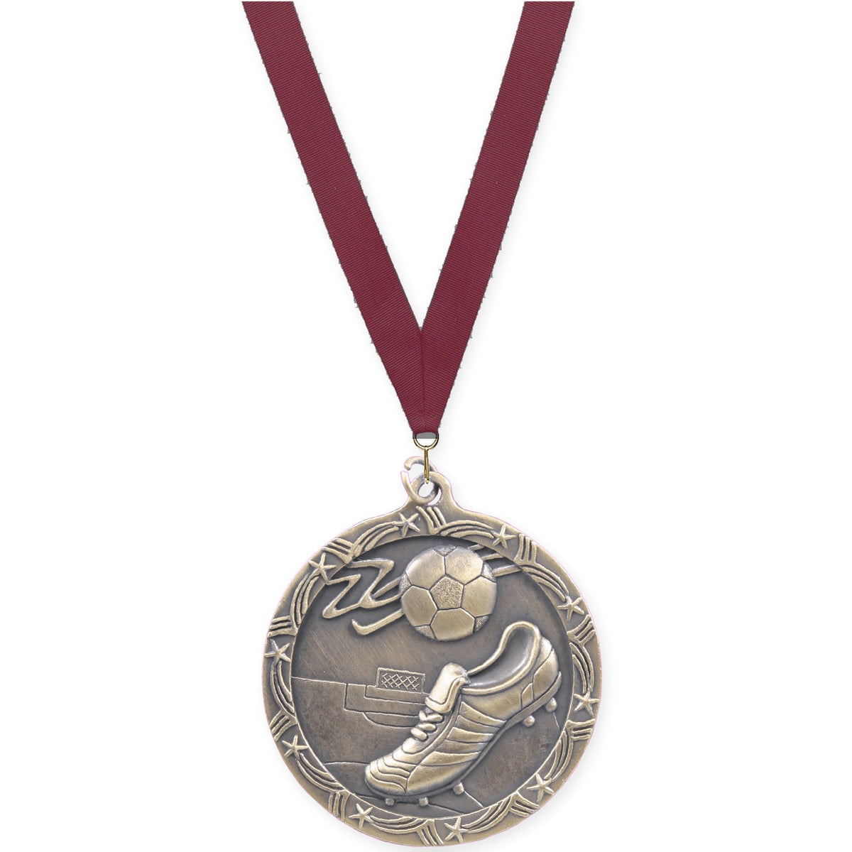 2 1/2 inch soccer Shooting Star medal in antique gold with Maroon neck ribbon