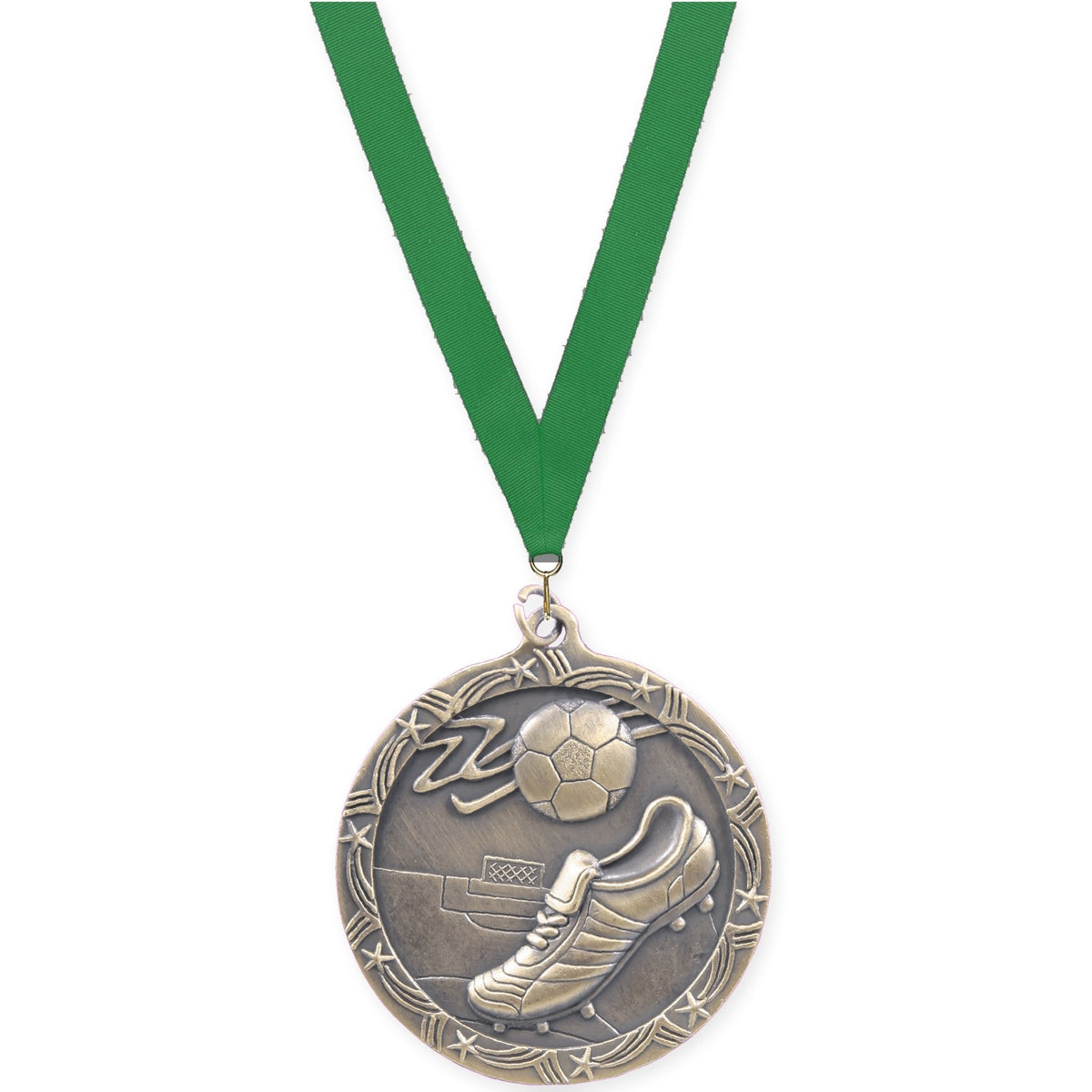 2 1/2 inch soccer Shooting Star medal in antique gold with Green neck ribbon
