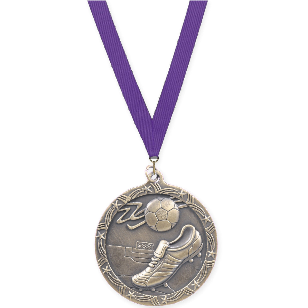 2 1/2 inch soccer Shooting Star medal in antique gold with Purple neck ribbon