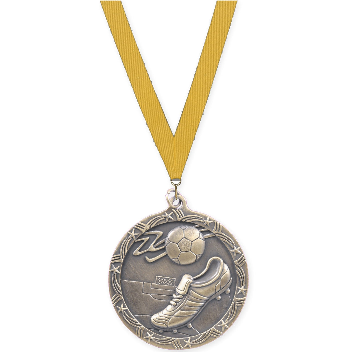 2 1/2 inch soccer Shooting Star medal in antique gold with Gold neck ribbon