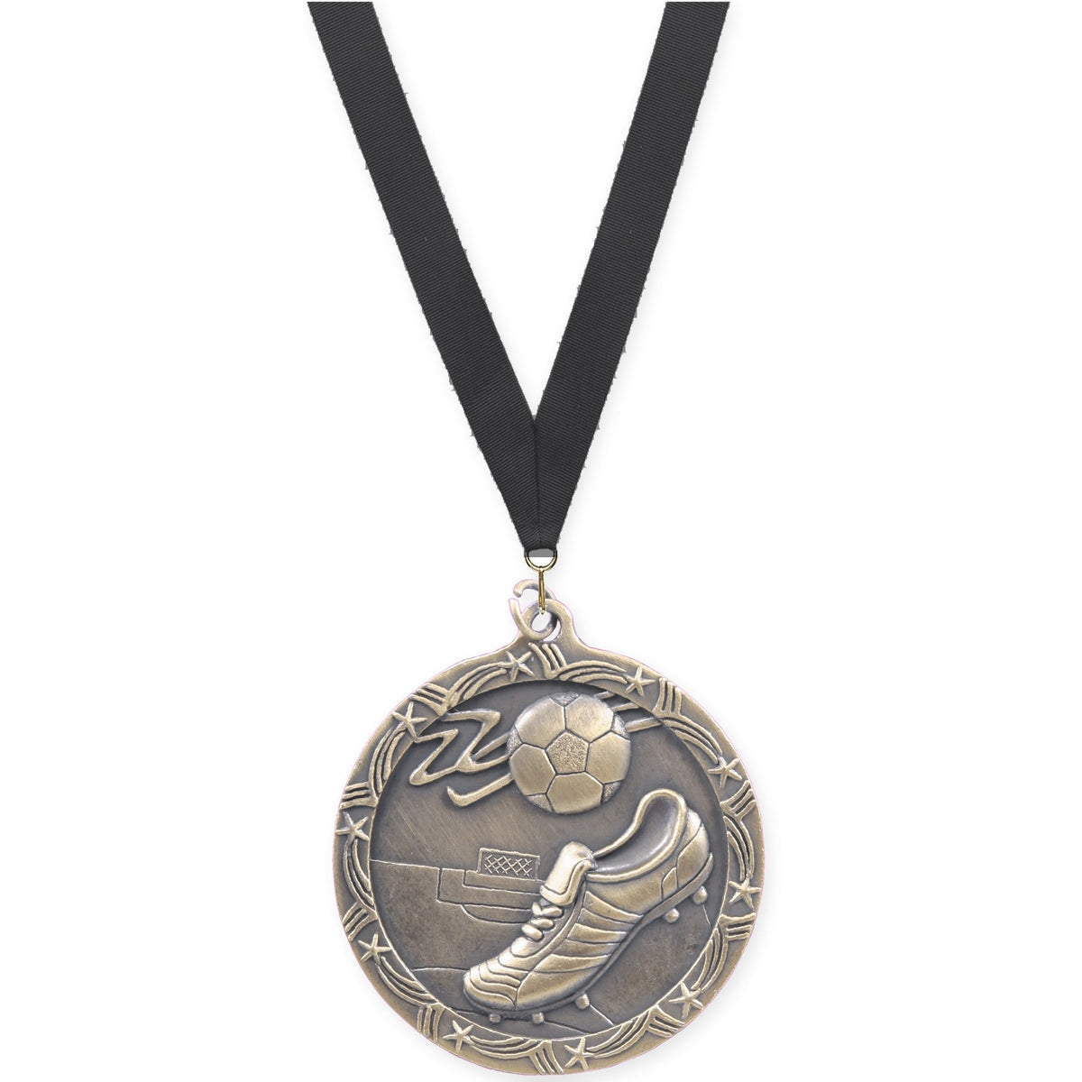 2 1/2 inch soccer Shooting Star medal in antique gold with Black neck ribbon