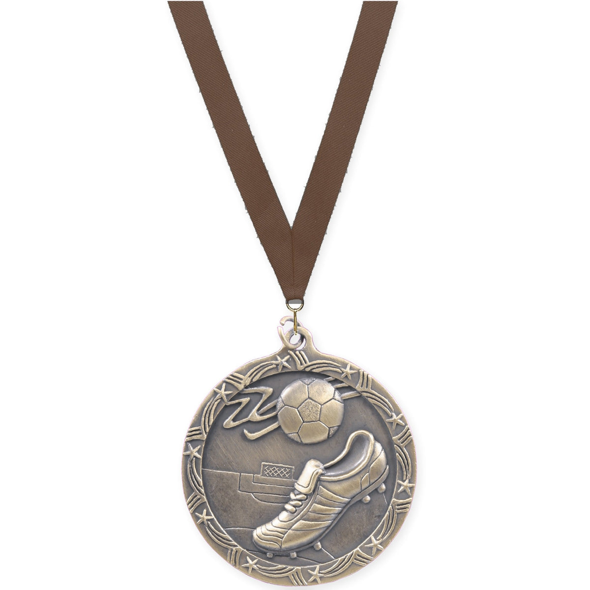 2 1/2 inch soccer Shooting Star medal in antique gold with Brown neck ribbon