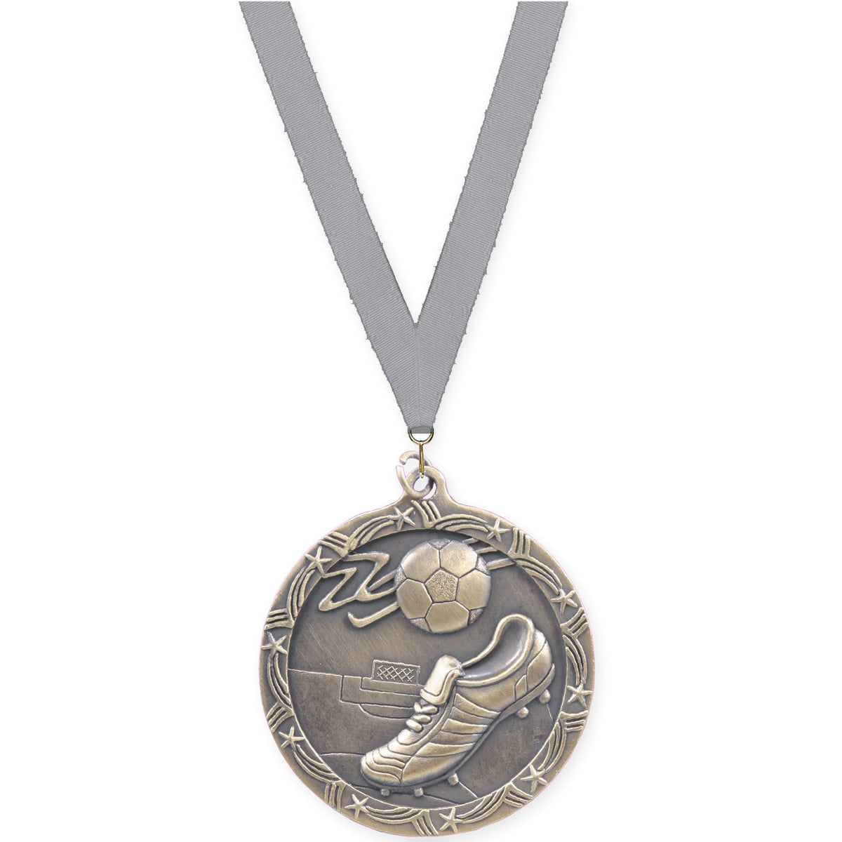 2 1/2 inch soccer Shooting Star medal in antique gold with Gray neck ribbon