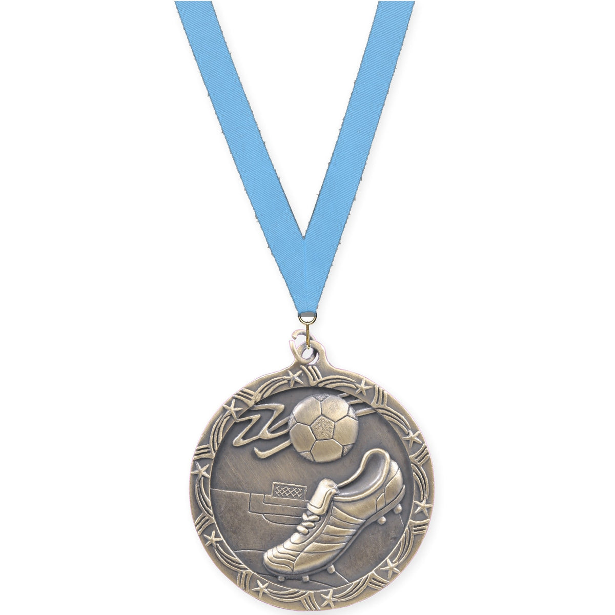2 1/2 inch soccer Shooting Star medal in antique gold with Light Blue neck ribbon