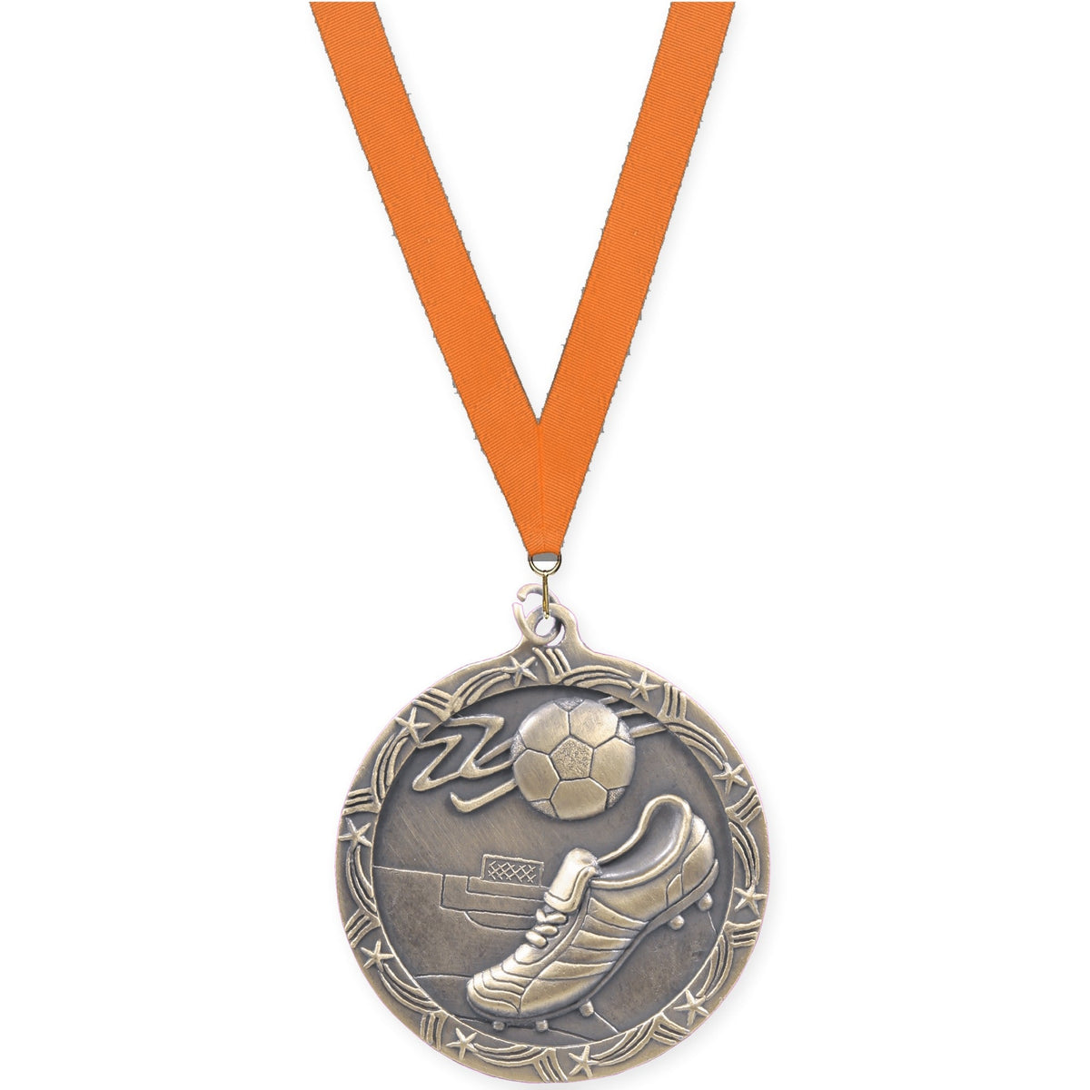 2 1/2 inch soccer Shooting Star medal in antique gold with Orange neck ribbon