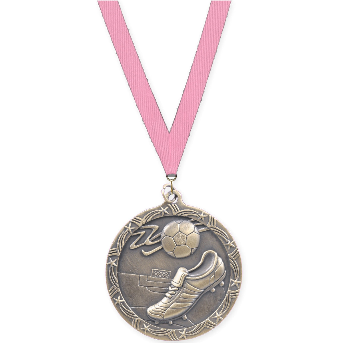2 1/2 inch soccer Shooting Star medal in antique gold with Pink neck ribbon