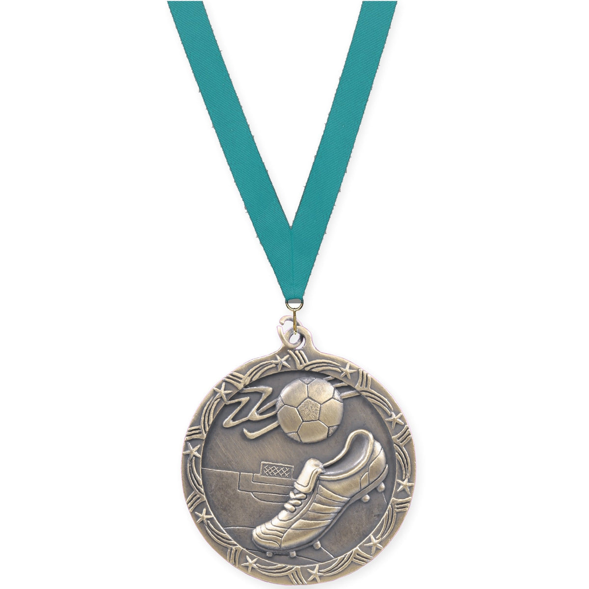 2 1/2 inch soccer Shooting Star medal in antique gold with Teal neck ribbon