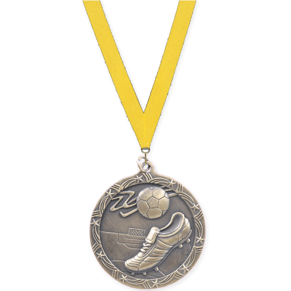 2 1/2 inch soccer Shooting Star medal in antique gold with Yellow neck ribbon