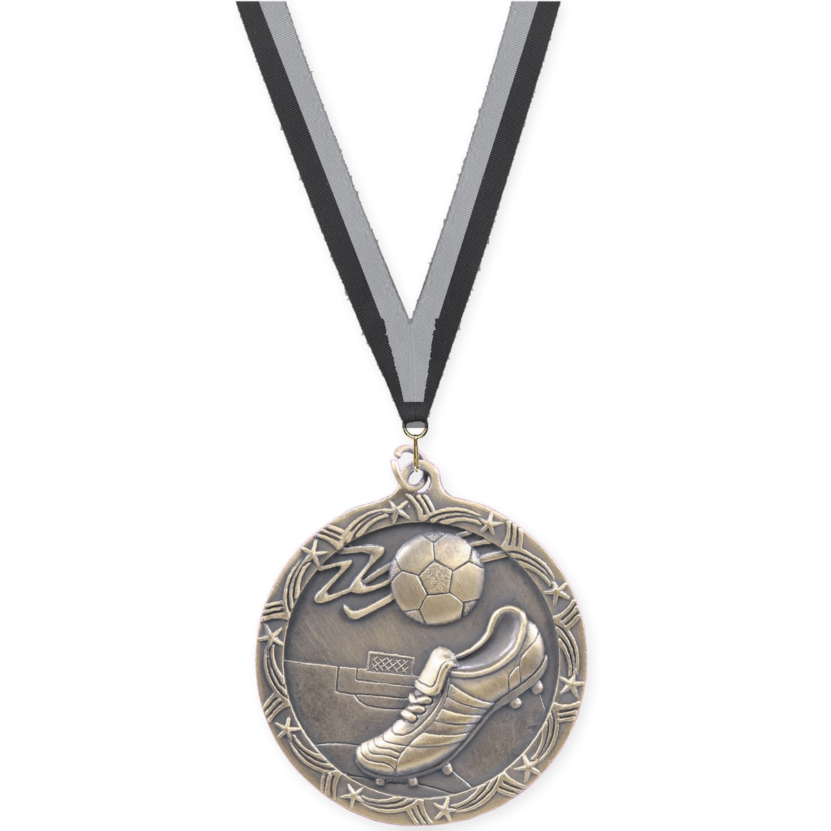 2 1/2 inch soccer Shooting Star medal in antique gold with Black Gray neck ribbon