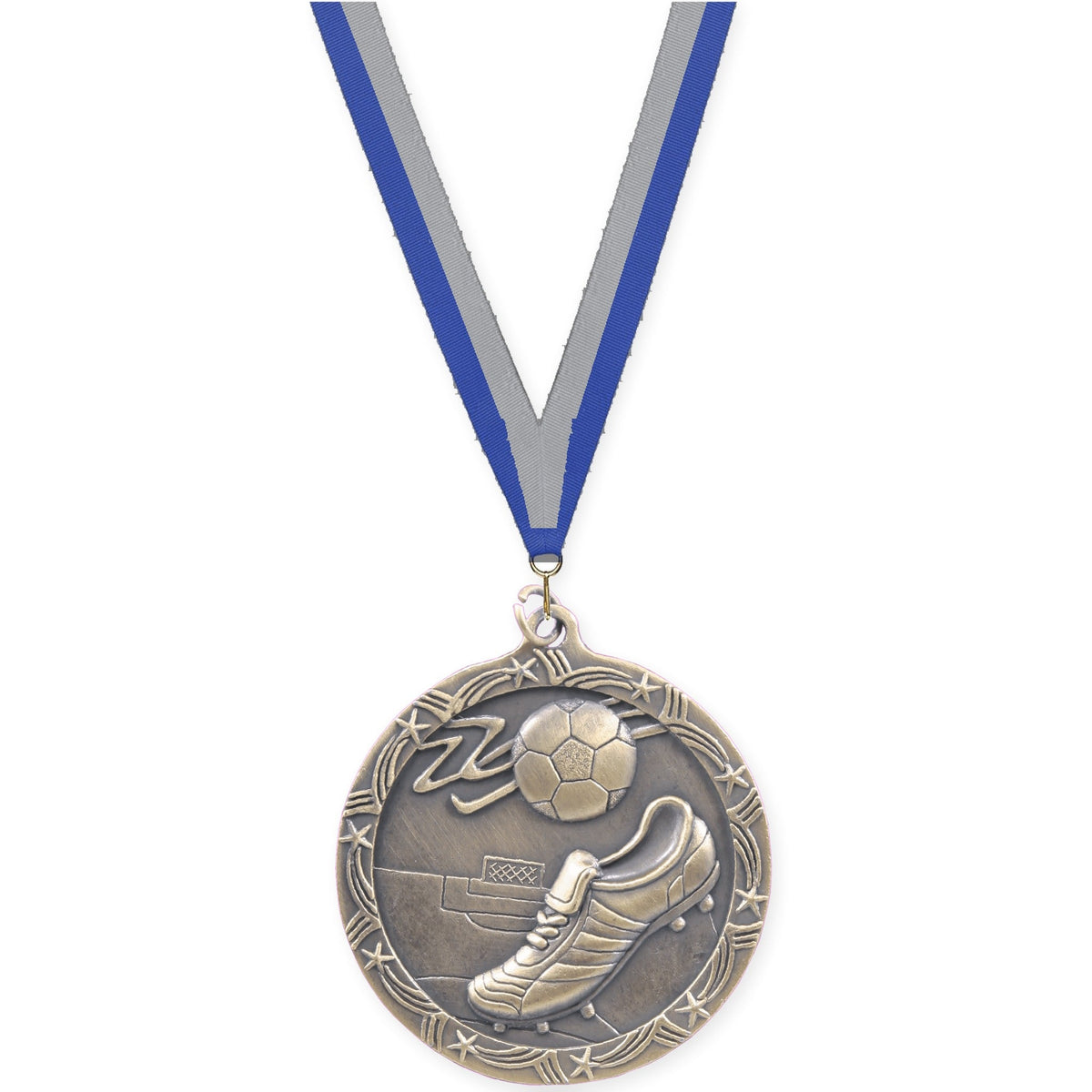 2 1/2 inch soccer Shooting Star medal in antique gold with Blue Gray neck ribbon