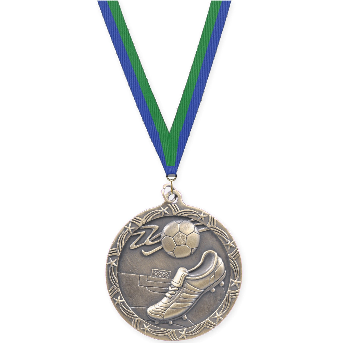 2 1/2 inch soccer Shooting Star medal in antique gold with Blue Green neck ribbon