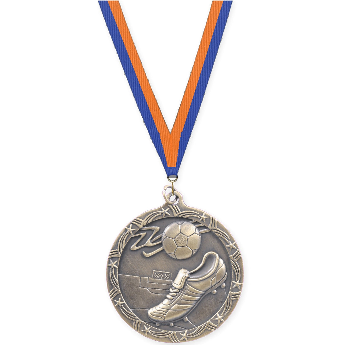 2 1/2 inch soccer Shooting Star medal in antique gold with Blue Orange neck ribbon