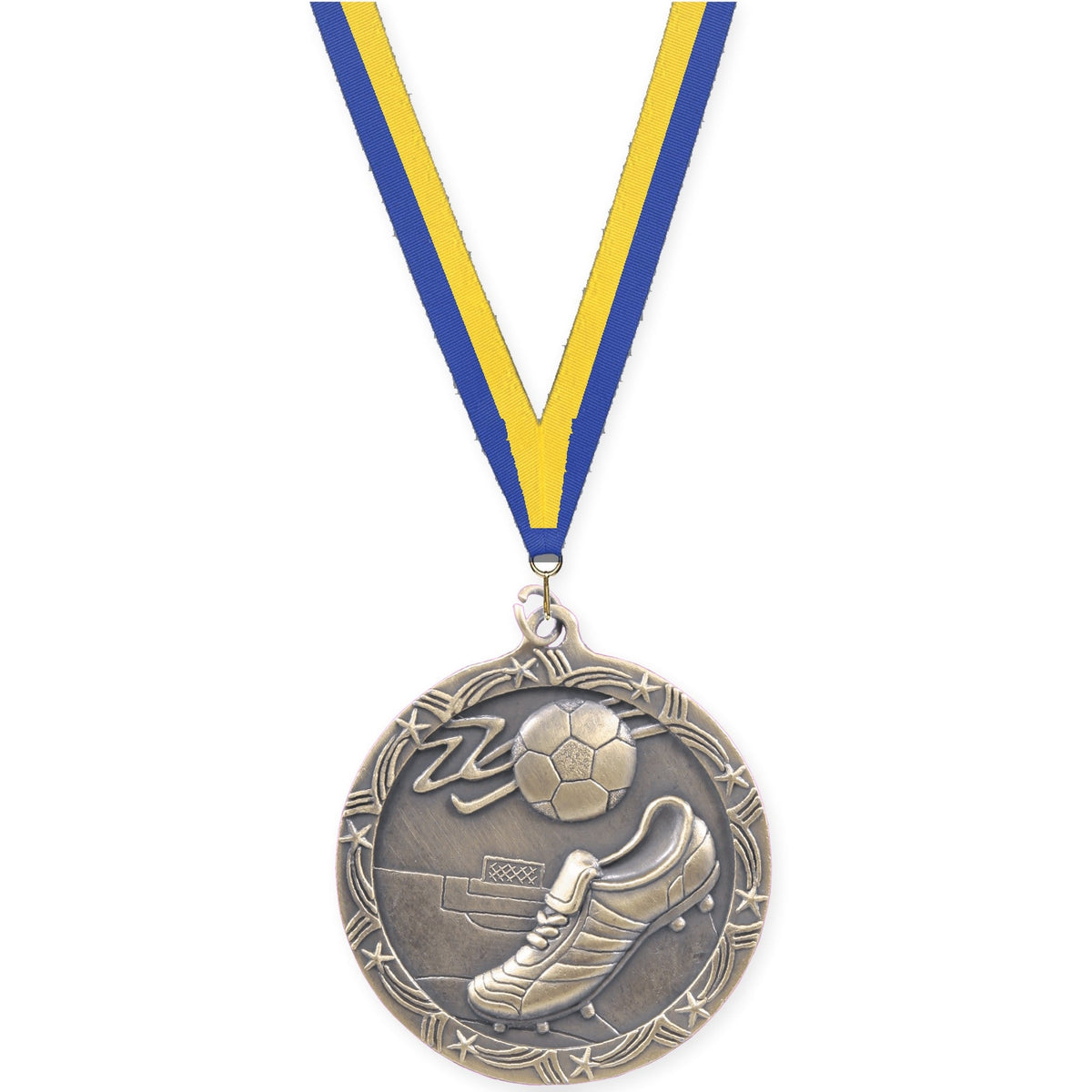 2 1/2 inch soccer Shooting Star medal in antique gold with Blue Yellow neck ribbon