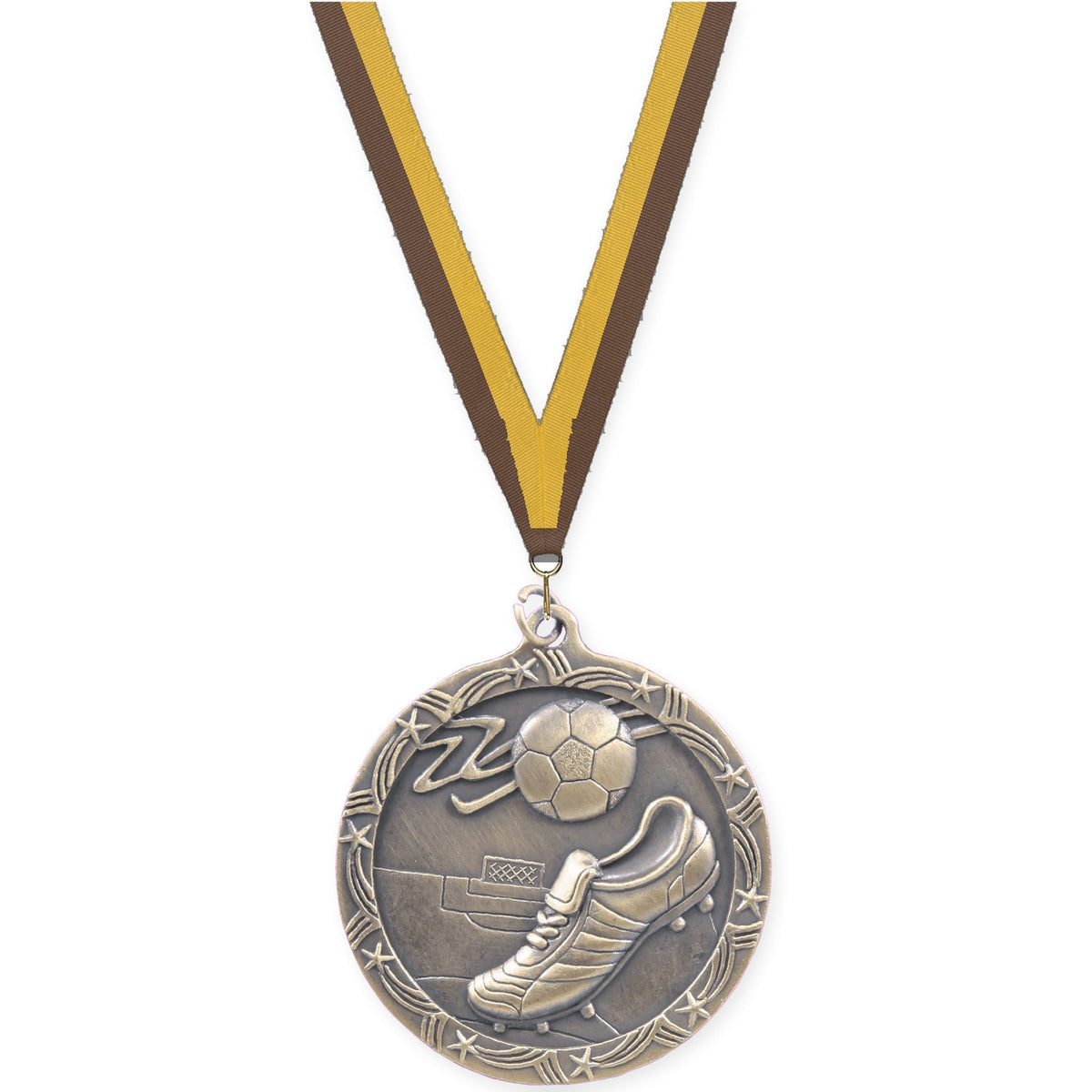 2 1/2 inch soccer Shooting Star medal in antique gold with Brown Gold neck ribbon