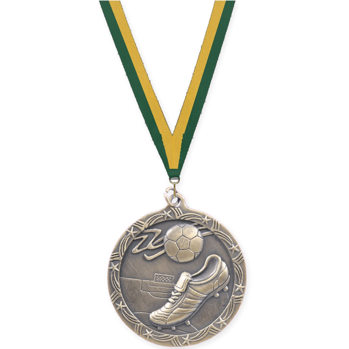 2 1/2 inch soccer Shooting Star medal in antique gold with Hunter Green Gold neck ribbon