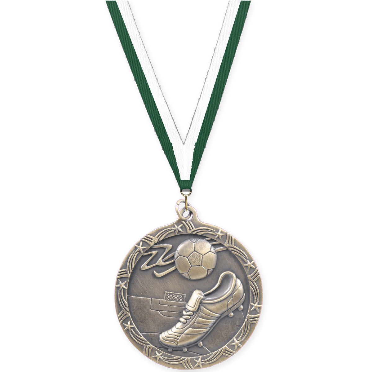 2 1/2 inch soccer Shooting Star medal in antique gold with Hunter Green White neck ribbon