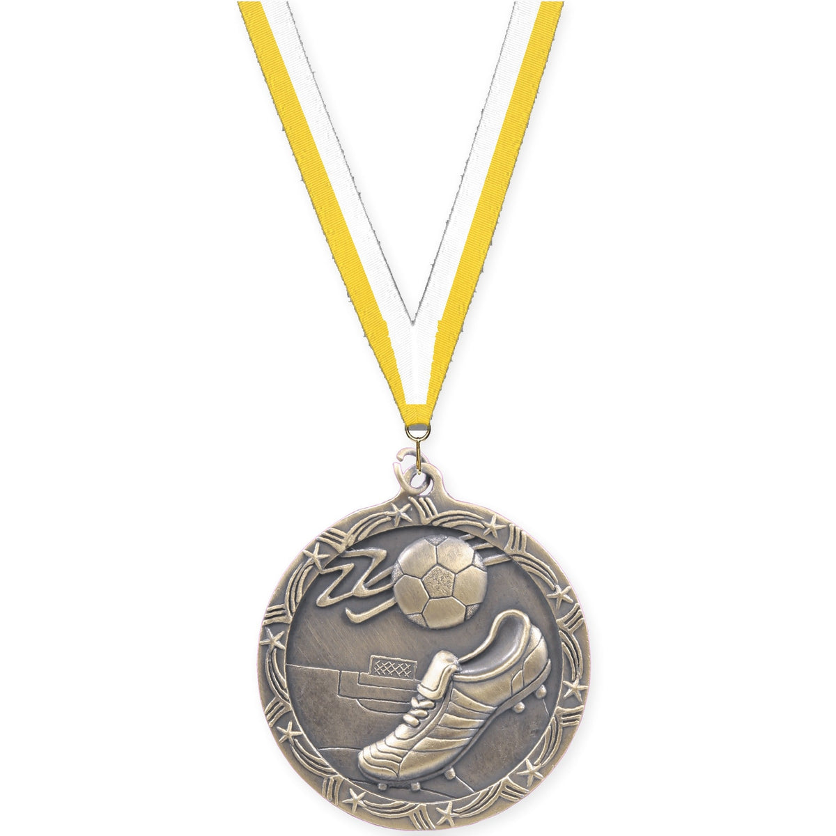 2 1/2 inch soccer Shooting Star medal in antique gold with Yellow White neck ribbon