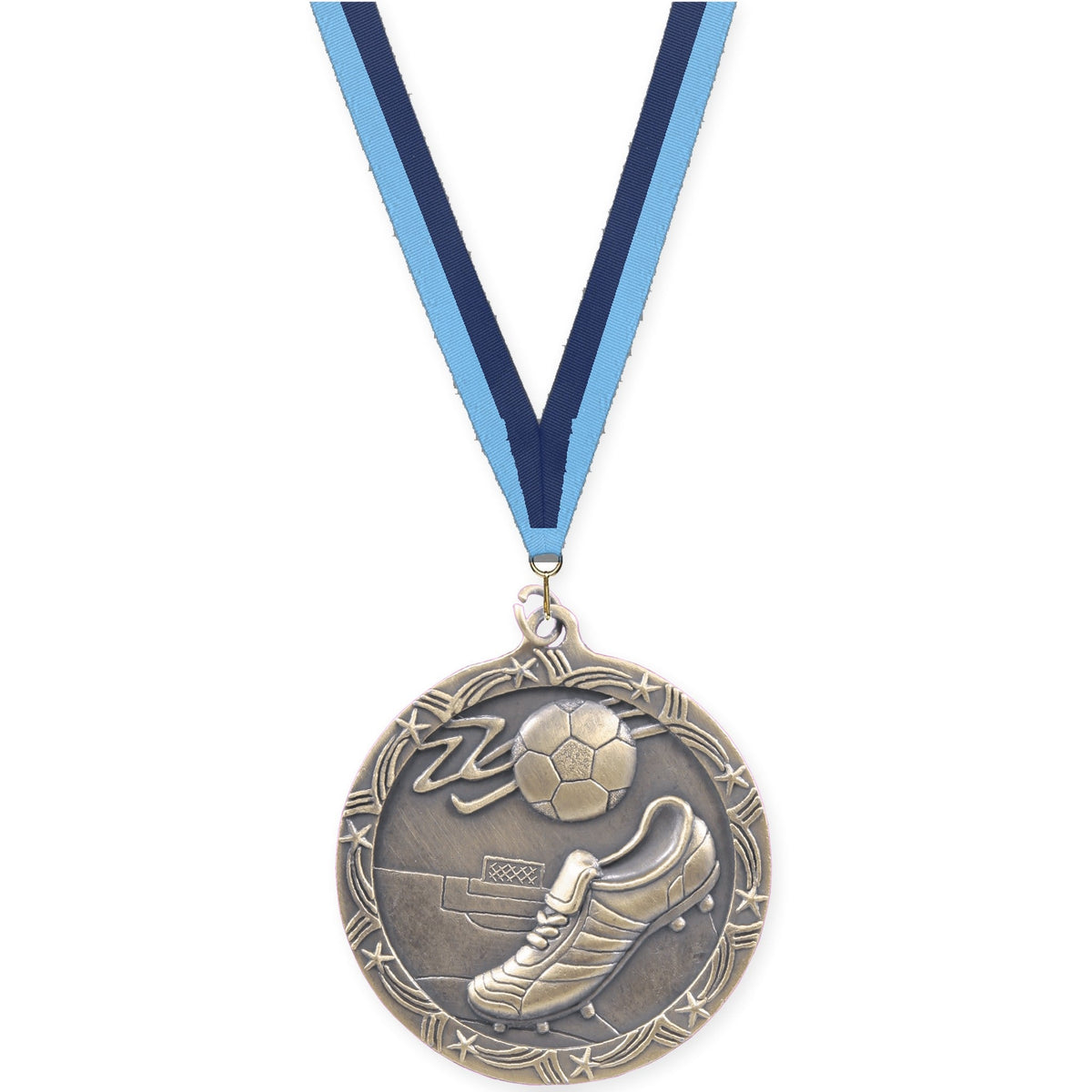 2 1/2 inch soccer Shooting Star medal in antique gold with Light Blue Navy neck ribbon