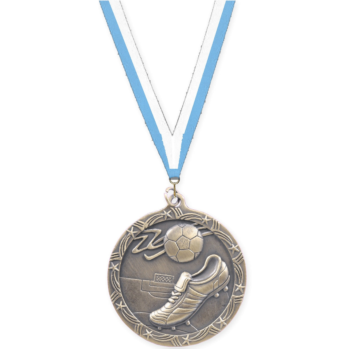2 1/2 inch soccer Shooting Star medal in antique gold with Light Blue White neck ribbon