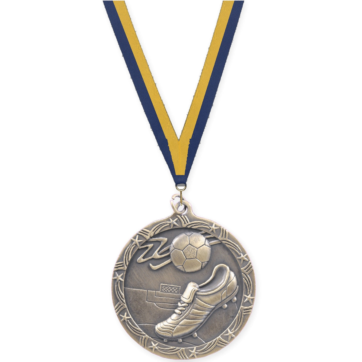 2 1/2 inch soccer Shooting Star medal in antique gold with Navy Gold neck ribbon