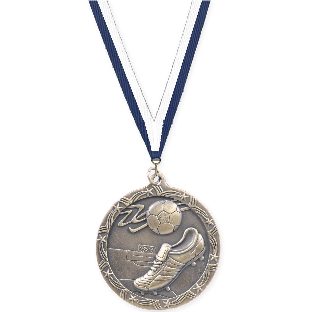 2 1/2 inch soccer Shooting Star medal in antique gold with Navy White neck ribbon