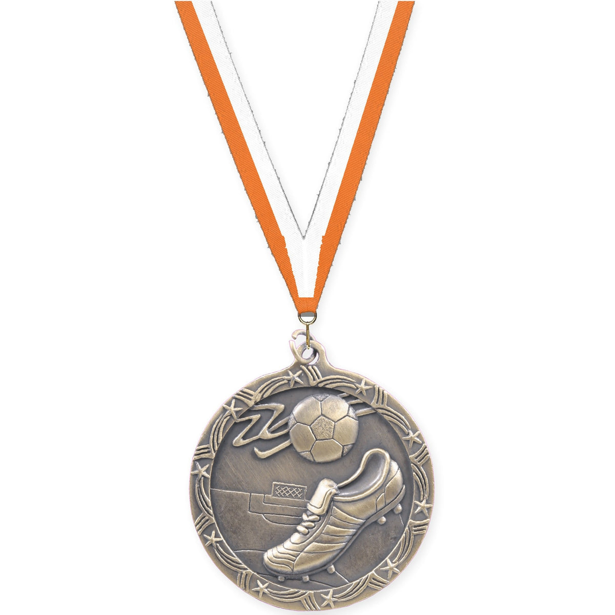 2 1/2 inch soccer Shooting Star medal in antique gold with Orange White neck ribbon