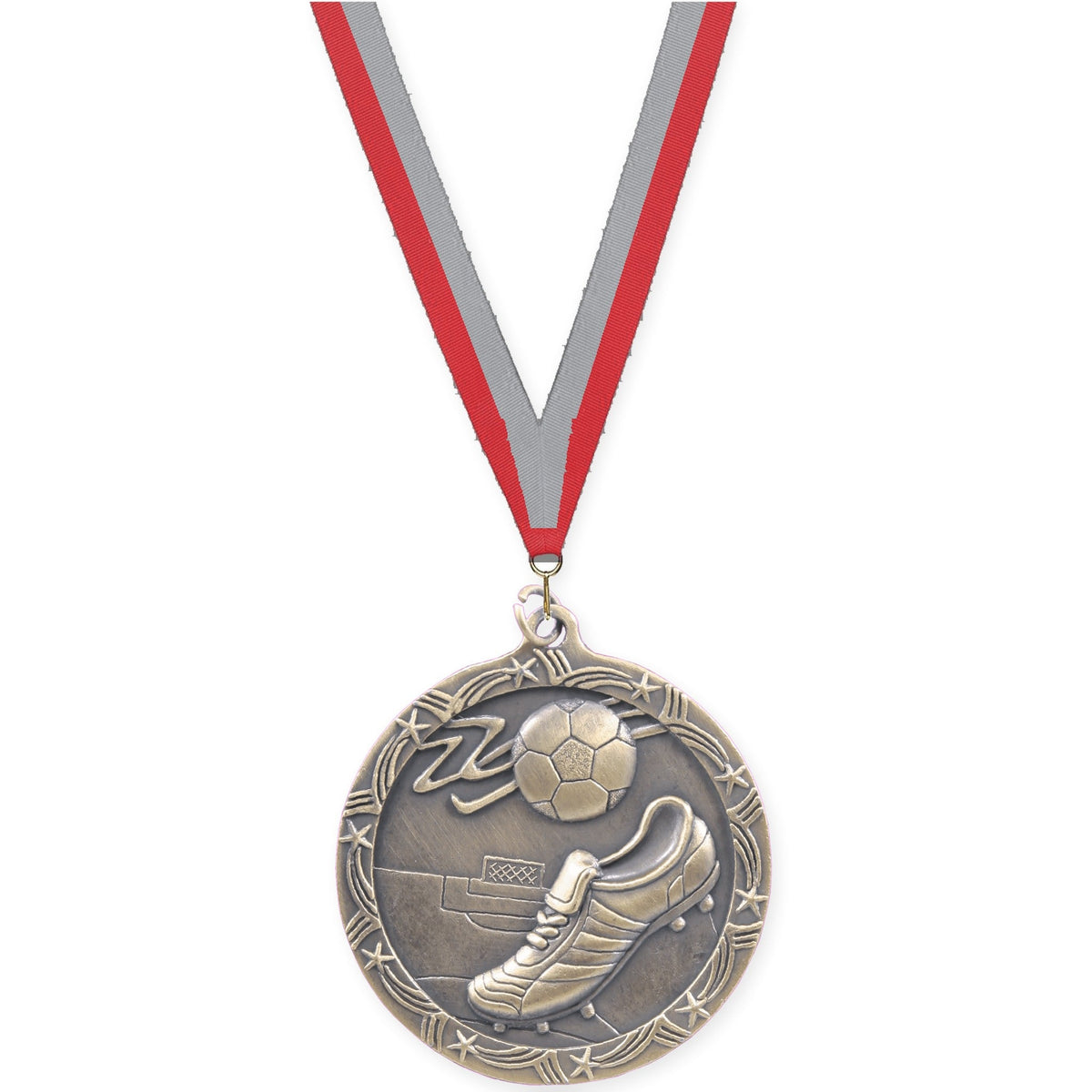 2 1/2 inch soccer Shooting Star medal in antique gold with Red Gray neck ribbon