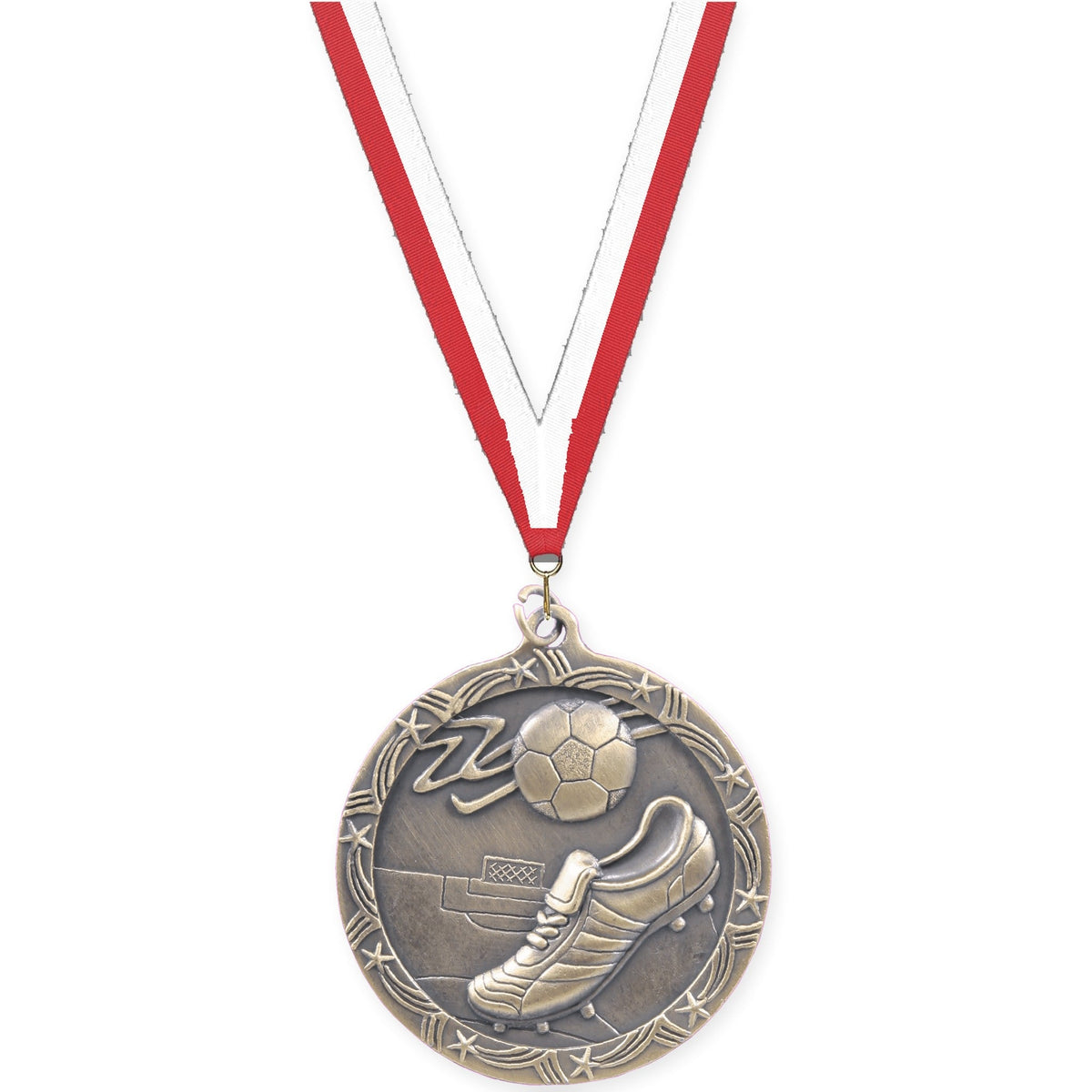 2 1/2 inch soccer Shooting Star medal in antique gold with Red White neck ribbon