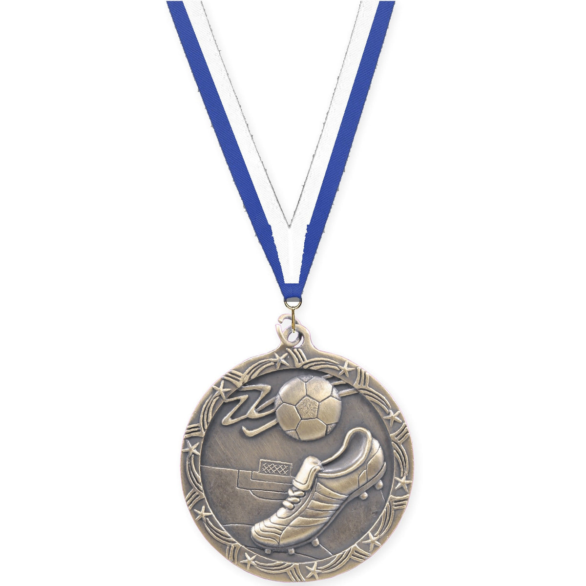 2 1/2 inch soccer Shooting Star medal in antique gold with Blue White neck ribbon