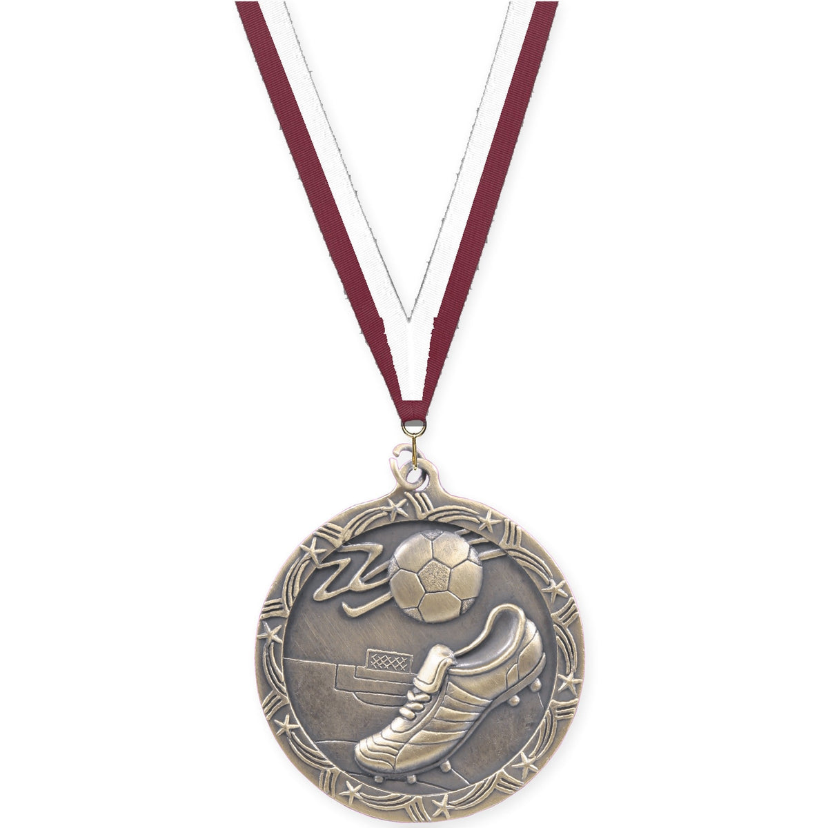 2 1/2 inch soccer Shooting Star medal in antique gold with Maroon White neck ribbon