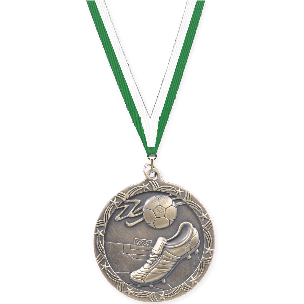 2 1/2 inch soccer Shooting Star medal in antique gold with Green White neck ribbon